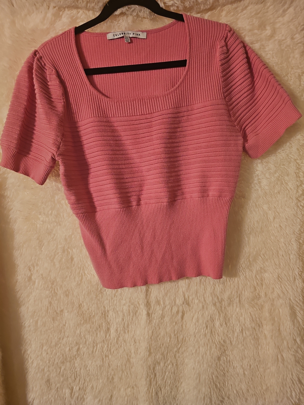 Celebrity Pink Ribbed Pink Short Sleeve Sweater Top